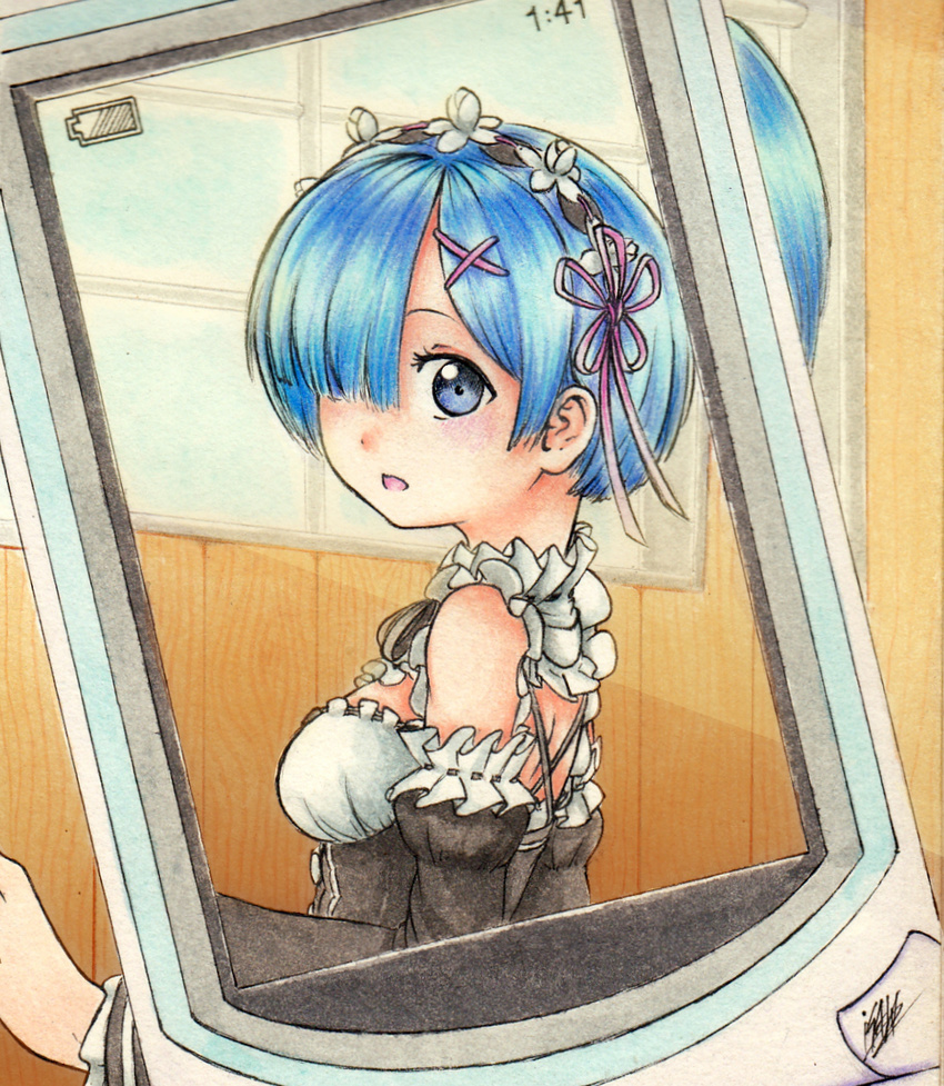 bangs black_ribbon blue_eyes blue_hair blunt_bangs bodice breasts cellphone cellphone_camera cellphone_picture collar commentary detached_sleeves frilled_collar frilled_sleeves frills from_side hair_ornament hair_over_one_eye hair_ribbon hairband highres holding holding_phone isaki_tanaka long_sleeves looking_at_viewer maid medium_breasts open_mouth phone photo_(object) pink_ribbon re:zero_kara_hajimeru_isekai_seikatsu rem_(re:zero) ribbon ribbon-trimmed_sleeves ribbon_trim short_hair signature solo underbust window x_hair_ornament