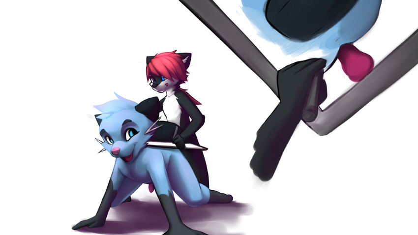 anal anthro black_fur blue_eyes blue_fur canine dewott drawing duo fox fur gloves_(marking) hair kite512 knot male male/male mammal markings nic_(dewott) nintendo open_mouth penis pok&eacute;mon red_hair simple_background socks_(marking) tablet tongue tongue_out video_games white_background white_fur