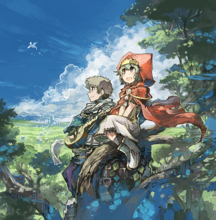 1girl :d between_legs blue_eyes blue_sky boots brown_hair chimney cloak cloud day dragon dress fantasy fingerless_gloves full_body glasses gloves green_hair grey_legwear hand_between_legs highres hood in_tree instrument konno_takashi looking_away looking_to_the_side lute_(instrument) open_mouth original outdoors red_cloak scarf short_hair sitting sky smile tree