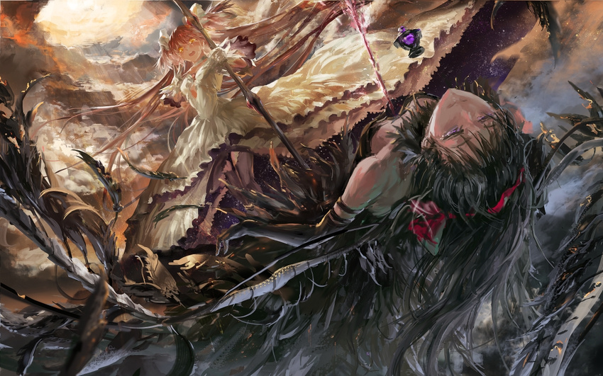 akemi_homura akuma_homura arrow arrow_in_body arrow_through_heart bare_shoulders black_dress black_feathers black_gloves black_hair black_wings blurry bow_(weapon) breasts closed_mouth cloud cloudy_sky commentary crying crying_with_eyes_open dark_orb_(madoka_magica) depth_of_field dissolving dress elbow_gloves falling fallstreak_hole feathered_wings feathers floating floating_hair gloves hair_ribbon half-closed_eyes hand_on_own_chest holding holding_weapon impaled kaname_madoka light_rays light_smile long_hair looking_at_another mahou_shoujo_madoka_magica mahou_shoujo_madoka_magica_movie multiple_girls pink_hair purple_eyes purple_legwear red_ribbon ribbon sky small_breasts space_print starry_sky_print strapless strapless_dress stu_dts tears thighhighs two_side_up ultimate_madoka very_long_hair weapon white_dress white_gloves white_neckwear wings yellow_eyes