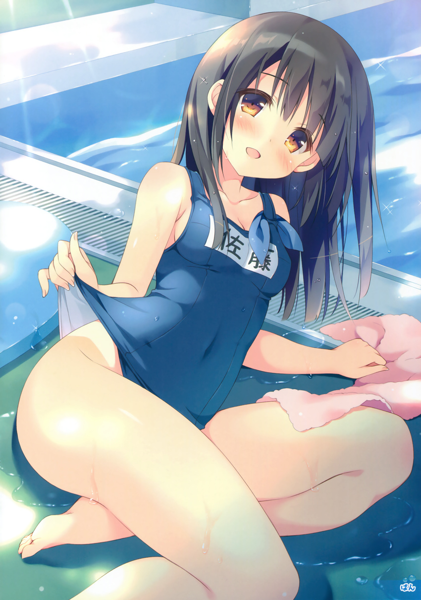 :d absurdres arm_support artist_name bare_legs barefoot black_hair blush breasts brown_eyes cleavage covered_navel drain_(object) eyebrows eyebrows_visible_through_hair fingernails hair_over_breasts highres in_swimsuit kickboard leaning_to_the_side lifted_by_self long_hair looking_at_viewer lying name_tag one-piece_swimsuit open_mouth original outdoors pan_(mimi) pool poolside scan school_swimsuit small_breasts smile solo sunlight swim_cap_removed swimsuit swimsuit_lift thighs towel water wet