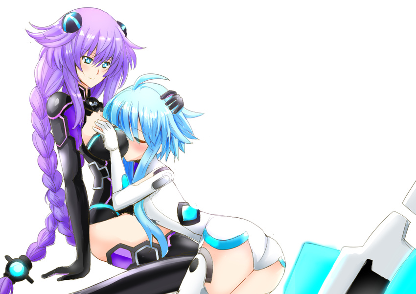 2girls ahoge artist_request ass blanc blue_eyes blue_hair blush bodysuit braid breasts choujigen_game_neptune compile_heart elbow_gloves eyes_closed gloves hair_ornament hair_tubes idea_factory large_breasts leotard long_hair multiple_girls neptune_(choujigen_game_neptune) neptune_(series) purple_hair purple_heart short_hair sidelocks simple_background smile thigh_boots twin_braids white_background white_heart with_long_locks yuri