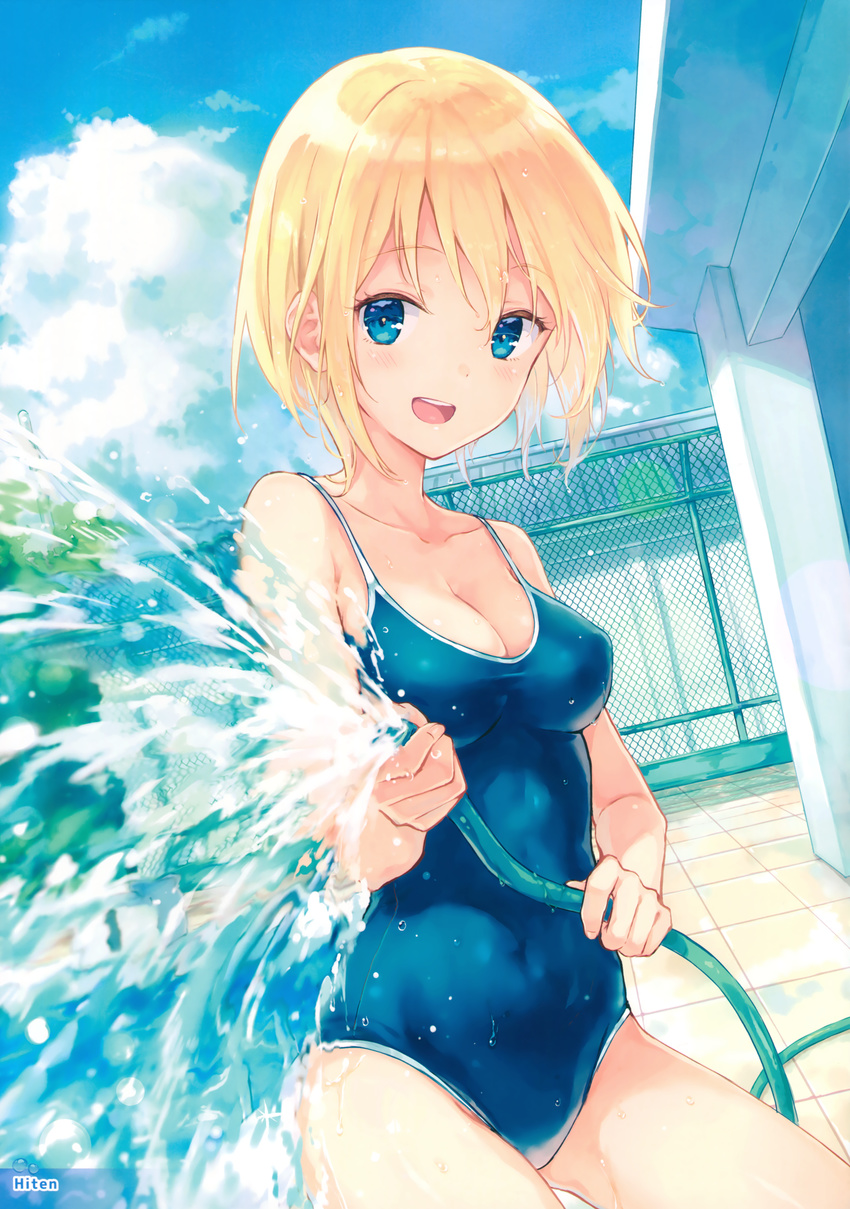 :d absurdres artist_name blonde_hair blue_eyes blush breasts chain-link_fence cleavage cloud collarbone competition_school_swimsuit covered_navel cowboy_shot day dutch_angle fence highres hiten_(hitenkei) hose medium_breasts new_school_swimsuit one-piece_swimsuit open_mouth original outdoors poolside scan school_swimsuit short_hair smile solo swimsuit water wet wet_clothes wet_swimsuit