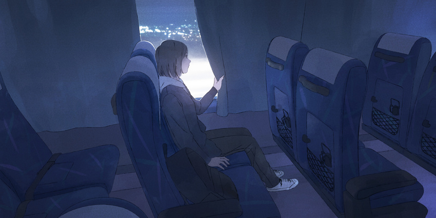 backlighting backpack bag chair city city_lights curtains dark ground_vehicle highres hood hood_down hoodie looking_out_window namito original profile shoes short_hair sitting sneakers solo train_interior