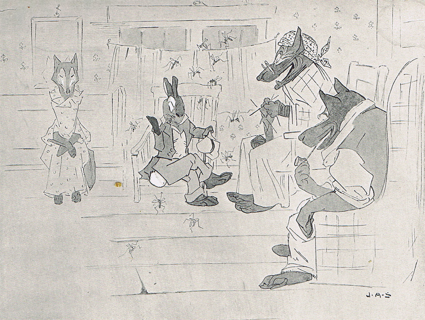 1926 anthro canine clothed clothing female fox group james_affleck_shepard lagomorph male mammal mosquito rabbit traditional_media_(artwork) uncle_remus's_tales