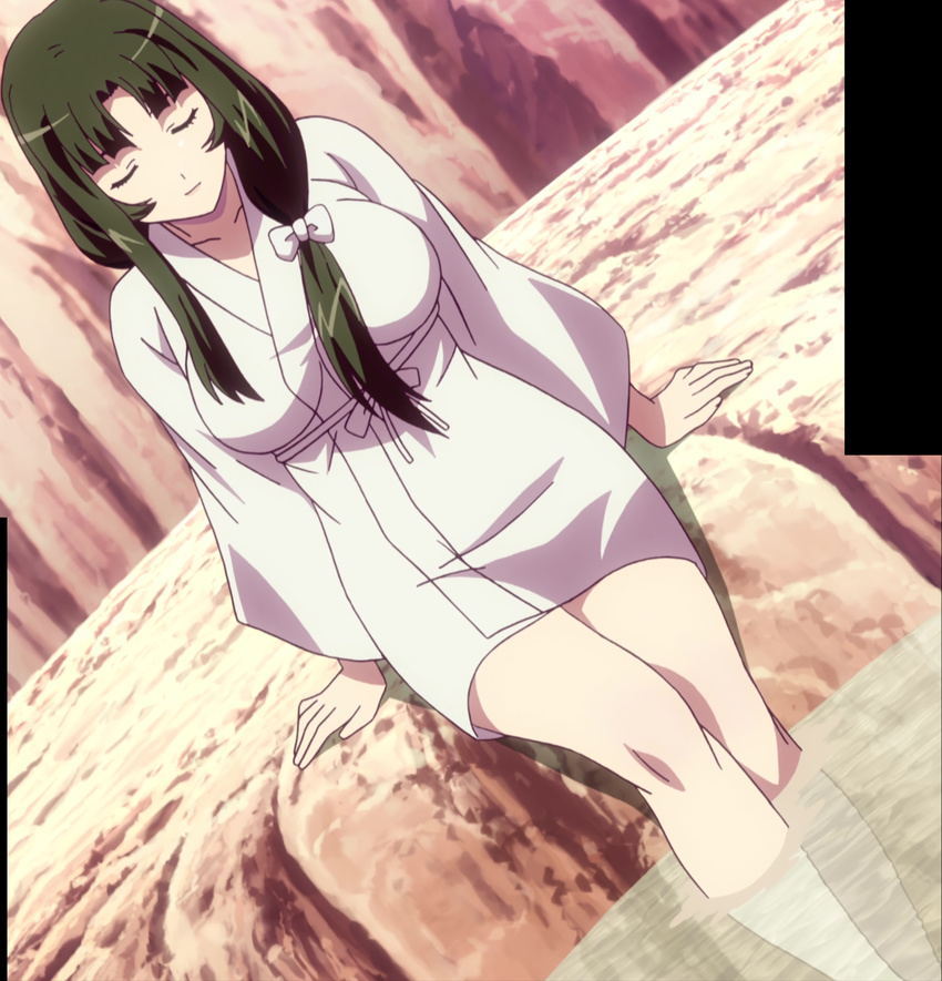 1girl black_hair breasts eyes_closed large_breasts long_hair queen's_blade sitting smile solo stitched tomoe water