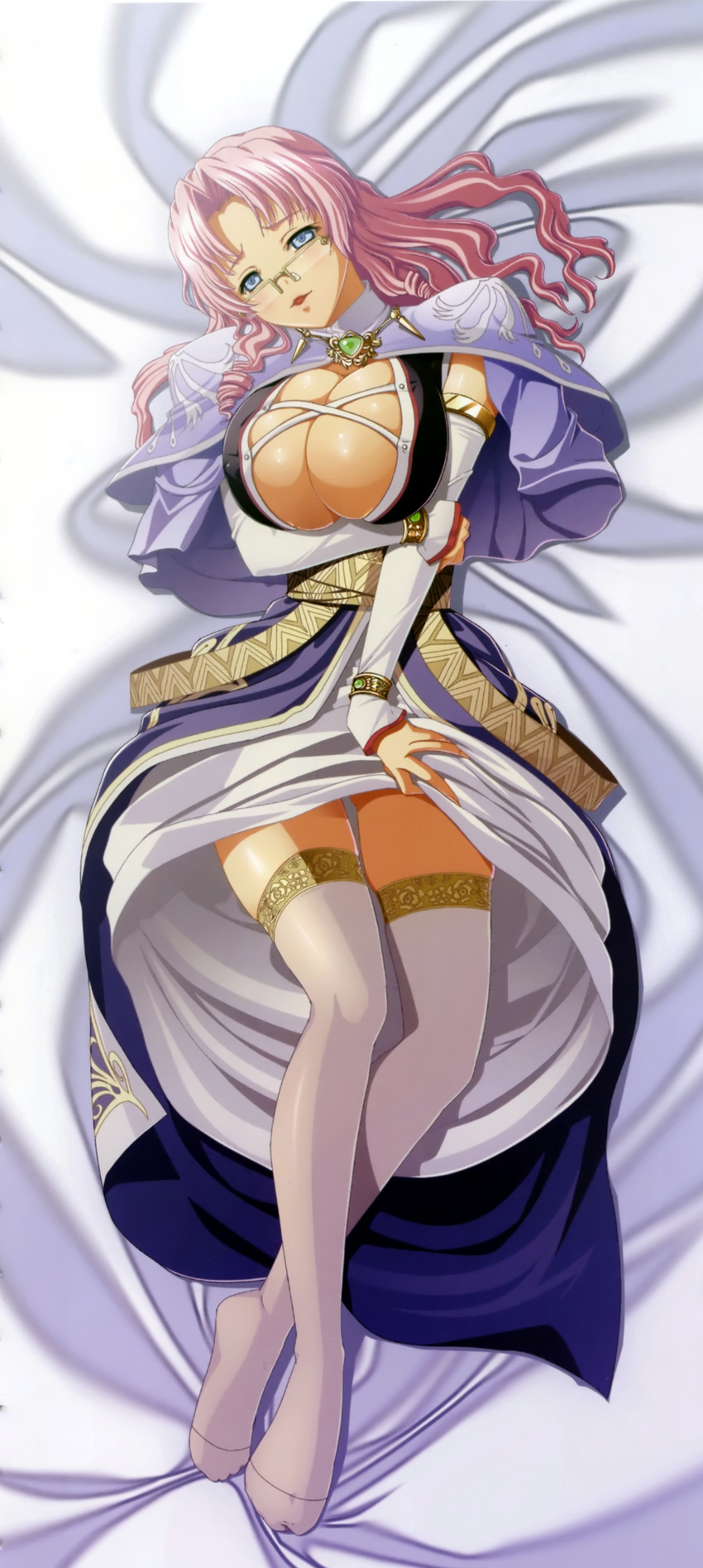 absurdres blue_eyes breasts capelet cleavage dakimakura dark_skin dress elbow_gloves glasses gloves highres kyonyuu_fantasy large_breasts long_hair looking_at_viewer lying pink_hair q-gaku smile solo thighhighs white_legwear