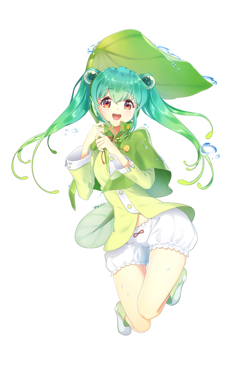 2016 :d alternate_eye_color ankle_boots aqua_hair bangs bloomers blush boots breasts buttons capelet dated eyebrows eyebrows_visible_through_hair eyelashes frog_eyes full_body gradient_hair green_footwear green_hair hair_ornament hatsune_miku headphones highres holding holding_leaf jumping leaf leaf_umbrella long_hair long_sleeves looking_at_viewer multicolored_hair open_mouth p.p_(operson_nangko) red_eyes rubber_boots shorts signature simple_background small_breasts smile solo sphere thigh_gap twintails underwear very_long_hair vocaloid water_drop wet white_background white_shorts