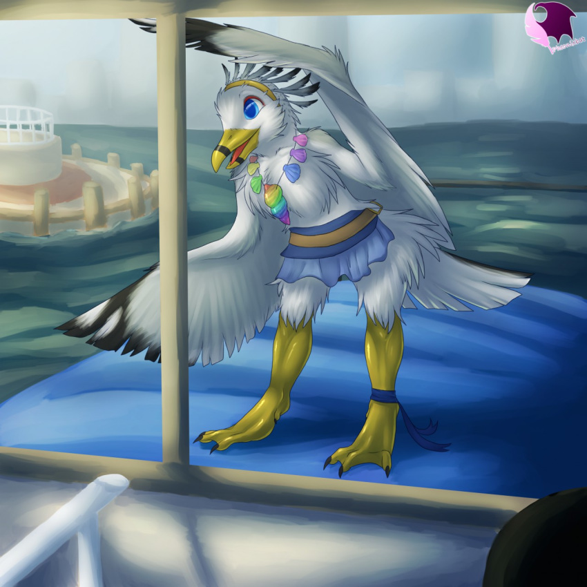 2015 3_toes anklet anthro avian beak biped bird bird_feet black_beak black_claws black_feathers black_stripes black_tail black_wings blue_eyes boat breasts cheek_tuft chest_tuft claws clothed clothing digital_drawing_(artwork) digital_media_(artwork) eyeliner feather_tuft feathered_wings feathers female front_view full-length_portrait hairband hi_res jewelry leaning leaning_forward lighting luka_(minesaehiromu) makeup medium_breasts multicolored_feathers naturally_censored necklace nipple_tuft non-mammal_breasts open_beak open_mouth open_smile pheonixbat pier pink_tongue portrait rainbow_necklace rainbow_symbol raised_arm red_eyeliner ring-billed_gull sea seagull seashell seaside shadow skirt sky smile solo standing striped_beak stripes tail_feathers talons toe_claws toes tongue topless tuft two_tone_beak two_tone_feathers two_tone_tail two_tone_wings vehicle water webbed_feet white_feathers white_tail white_wings wings yellow_beak