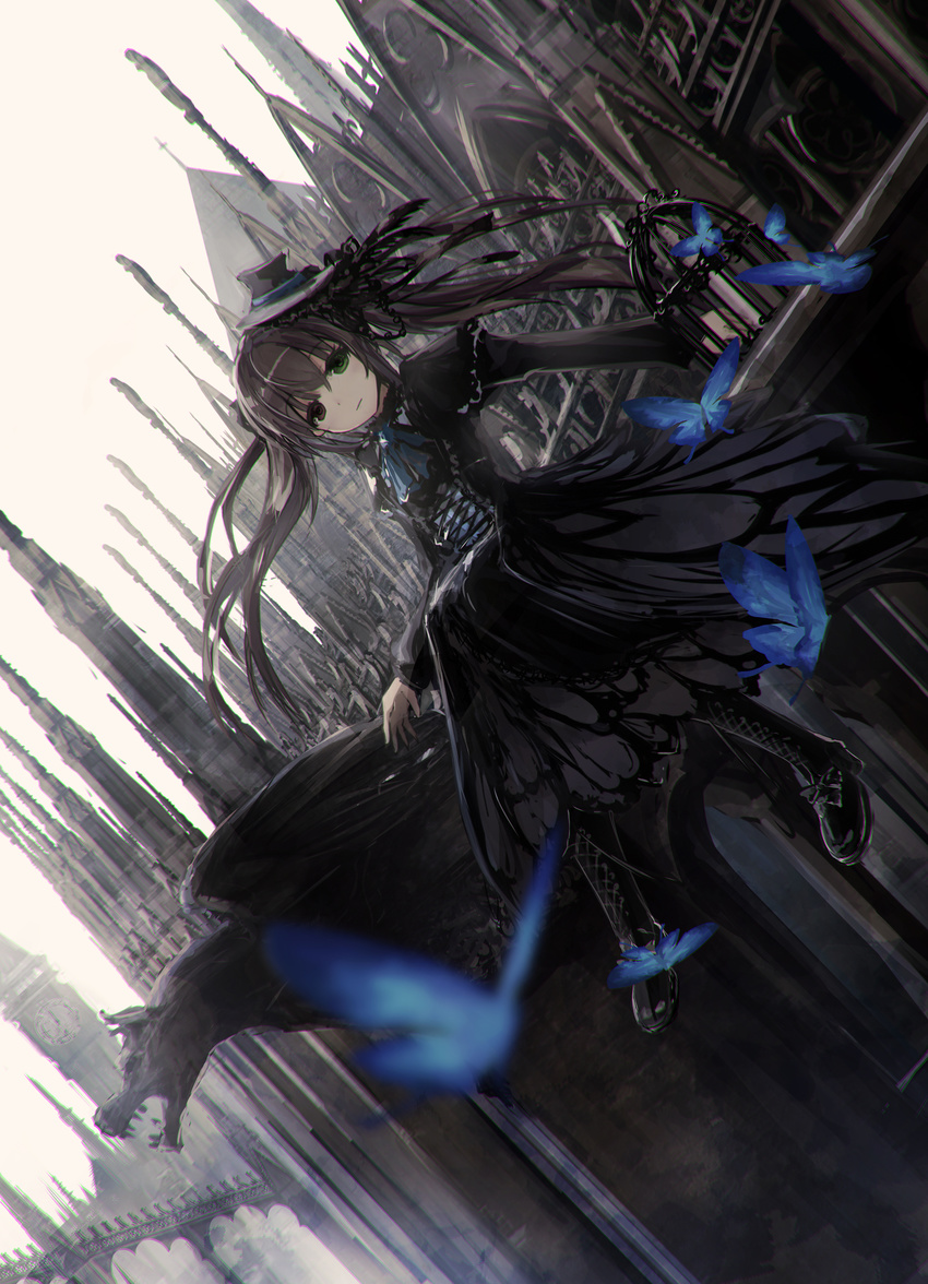 black_bow black_dress black_hair black_hat bow brown_eyes bug butterfly cathedral church dress dutch_angle gothic_lolita green_eyes hat heterochromia highres insect lolita_fashion long_hair looking_at_viewer mini_hat missile228 original solo twintails