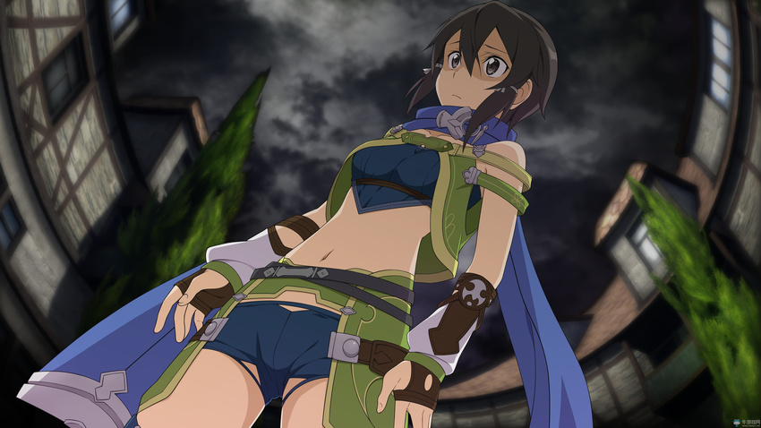 :_code_register absurdres black_hair blue_scarf blue_shirt blue_shorts brown_eyes collarbone dutch_angle from_below game_cg hair_between_eyes hair_ribbon highres midriff navel official_art outdoors ribbon scarf shaded_face shinon_(sao:hf) shirt short_hair_with_long_locks short_shorts shorts sidelocks sinon sky solo sword_art_online sword_art_online:_hollow_realization watermark white_ribbon
