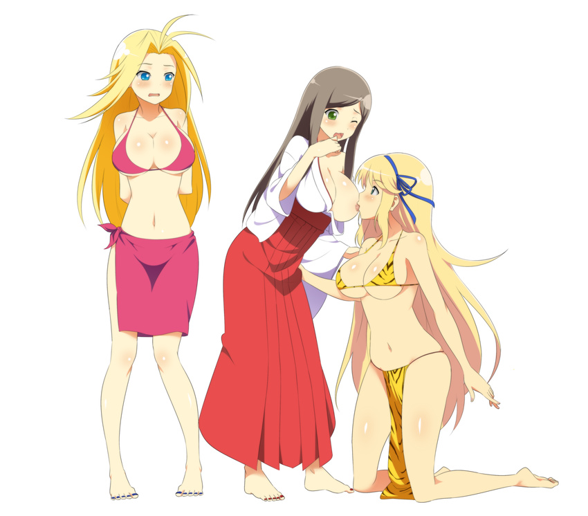 3girls barefoot bikini blonde_hair blue_eyes blue_nails blush breast_sucking breasts brown_hair feet green_eyes josui_(senran_kagura) katsuragi_(senran_kagura) kneeling large_breasts multiple_girls pink_bikini red_nails sarong senran_kagura senran_kagura_(series) senran_kagura_new_wave tiger_print toenail_polish traditional_clothes wink yoshimitsu_(senran_kagura) yuri