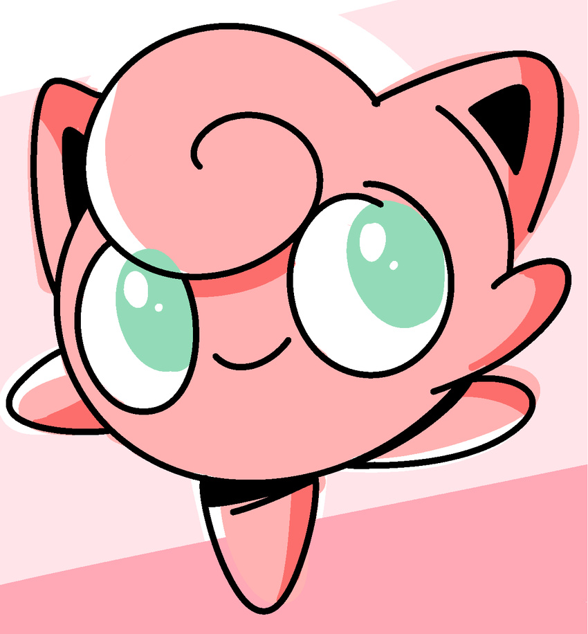 ambiguous_gender big_ears cute feral green_eyes hair hair_tuft jigglypuff nintendo not_furry pink_background pink_skin pok&eacute;mon robbonp simple_background smile solo video_games waddling_head white_background