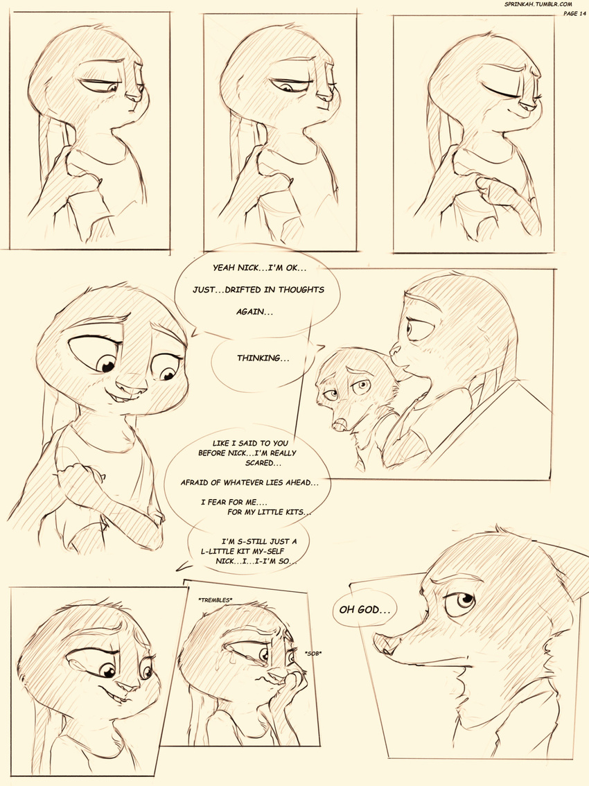 ambiguous_gender anthro black_and_white canine clothed clothing comic crying dialogue disney duo english_text female fox fur hi_res judy_hopps lagomorph male mammal monochrome nick_wilde rabbit sprinkah tears text zootopia