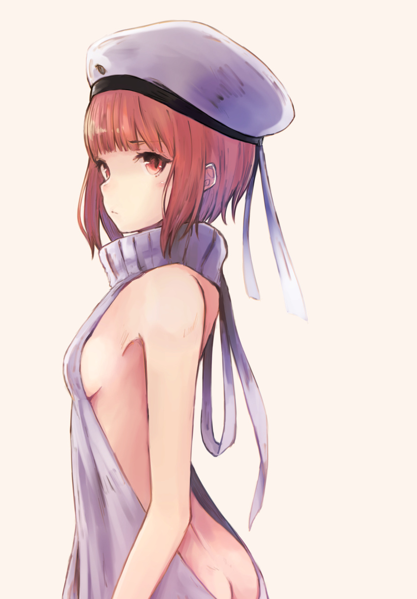ass backless_dress backless_outfit bangs bare_back blunt_bangs breasts butt_crack closed_mouth dress from_side halterneck hat highres kantai_collection koretsuki_azuma meme_attire naked_sweater red_eyes ribbed_sweater short_hair sideboob sleeveless sleeveless_turtleneck small_breasts solo standing sweater sweater_dress turtleneck turtleneck_sweater virgin_killer_sweater white_hat z3_max_schultz_(kantai_collection)