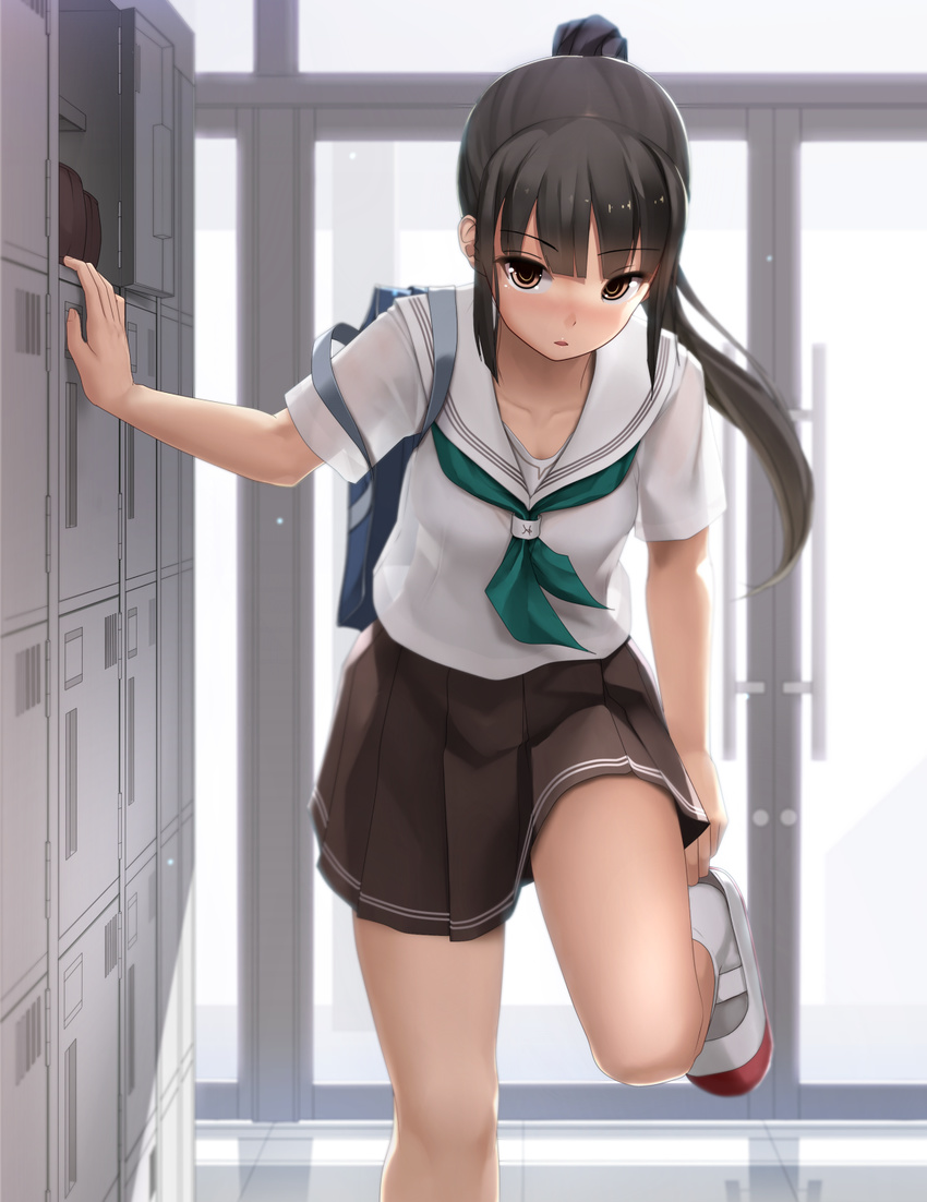 adjusting_clothes adjusting_shoe arm_support bag bangs black_hair blunt_bangs blush brown_eyes commentary_request eto eyebrows_visible_through_hair highres indoors long_hair looking_at_viewer neckerchief open_mouth original parted_lips pleated_skirt ponytail putting_on_shoes revision school_bag school_uniform serafuku shoe_locker shoes short_sleeves skirt socks solo uwabaki very_long_hair white_legwear