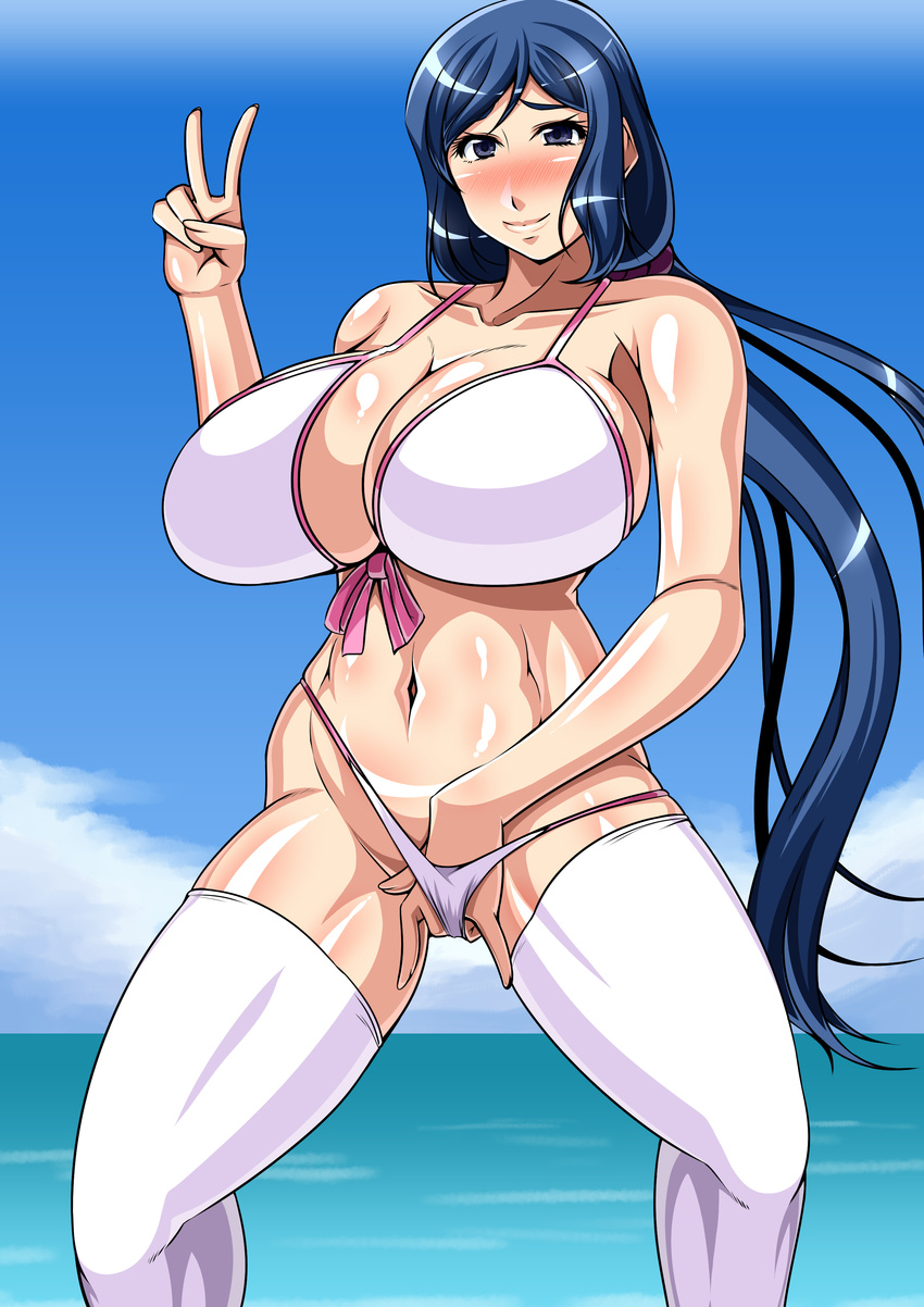 1girl bare_arms bikini blue_eyes blue_hair blush breasts cleavage gundam gundam_build_fighters highres huge_breasts iori_rinko legs long_hair looking_at_viewer masturbation milf myougi_kuraganosuke navel ocean outdoors ponytail sky smile solo standing swimsuit thighhighs thighs thong v water white_bikini