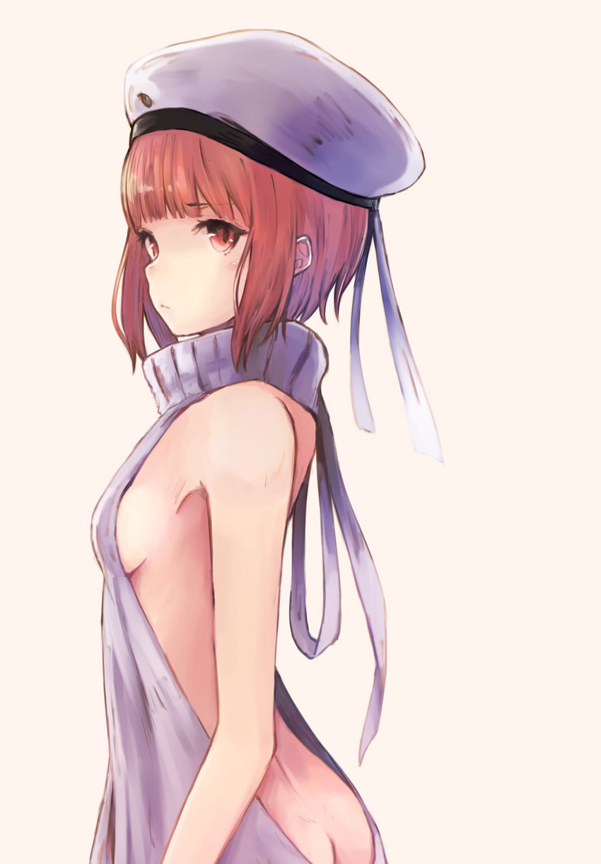 ass backless_dress backless_outfit bad_id bad_twitter_id bangs bare_back blunt_bangs breasts butt_crack closed_mouth dress from_side halterneck hat highres kantai_collection koretsuki_azuma meme_attire naked_sweater red_eyes ribbed_sweater short_hair sideboob sleeveless sleeveless_turtleneck small_breasts solo standing sweater sweater_dress turtleneck turtleneck_sweater virgin_killer_sweater white_hat z3_max_schultz_(kantai_collection)