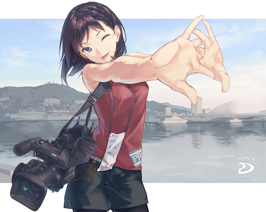 black_hair blue_eyes camera camera_lens ichikei looking_at_viewer original product_placement short_hair skyline sleeveless smile solo sony tongue tongue_out tv_camera wallpaper