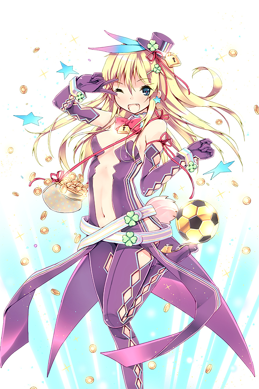 ;d ball bare_shoulders blonde_hair blue_eyes breasts bunny_tail clover clover_hair_ornament coin coin_purse confetti cuffs earrings elbow_gloves four-leaf_clover_hair_ornament gloves gold hair_ornament hat hat_ornament high_heels highres jewelry keyhole lock midriff navel official_art one_eye_closed open_mouth purple_gloves purple_hat purple_legwear refeia side_cutout smile soccer_ball soccer_spirits solo standing standing_on_one_leg star star_earrings tail transparent_background v z077_cashlove
