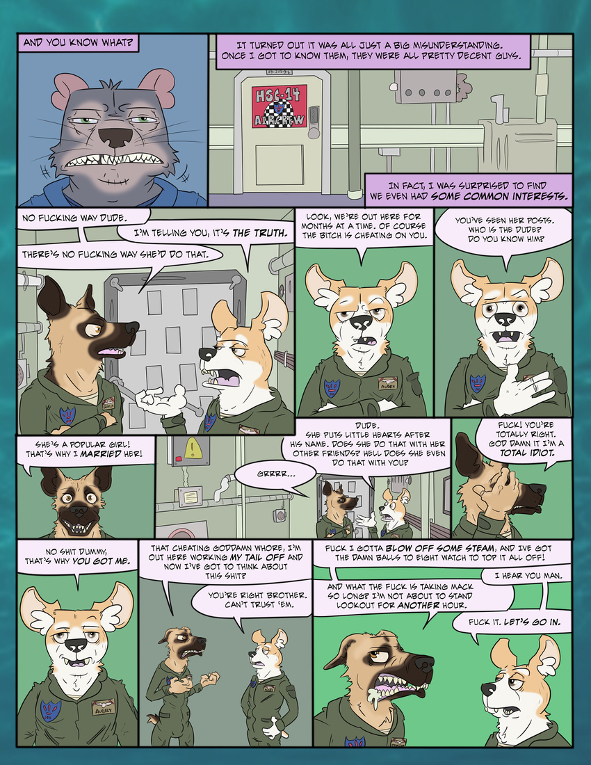 angry annoyed anthro brokowski canine clothed clothing comic corgu crossed_arms dialogue dog english_text flat_colors fully_clothed german_shepherd inside male mammal marsupial military open_mouth seaman_hardy sharp_teeth sign speech_bubble tasmanian_devil teeth text uniform whiskers