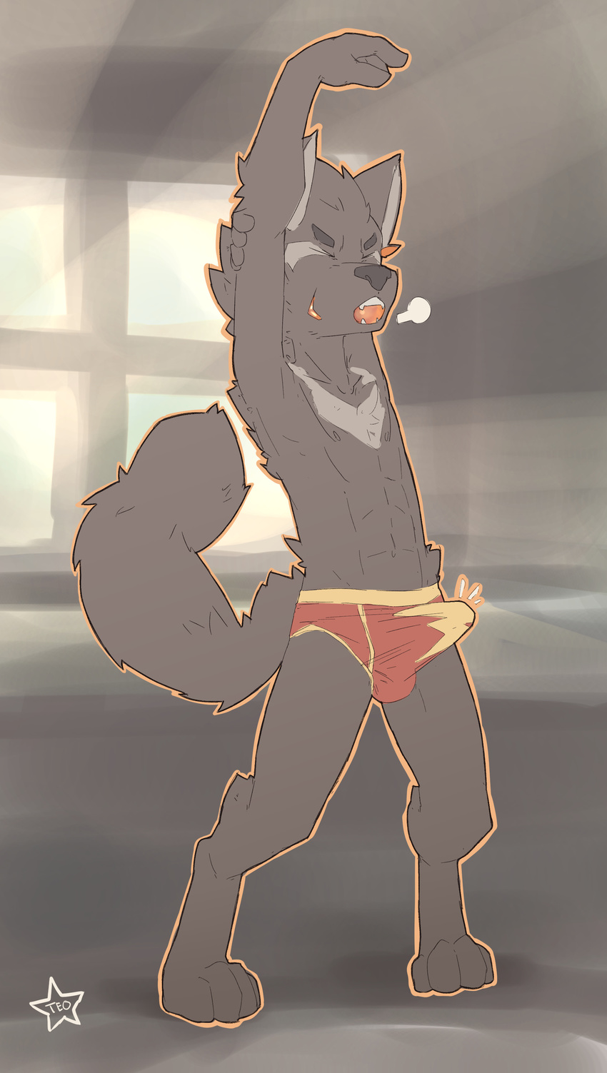 anthro athletic barefoot breath briefs canine clothed clothing cub digitigrade erection eyes_closed front_view hybridstaar male mammal morning_wood navel nipples open_mouth raised_arm scrunchy_face signature solo standing stretching tenting topless underwear waking_up wolf young