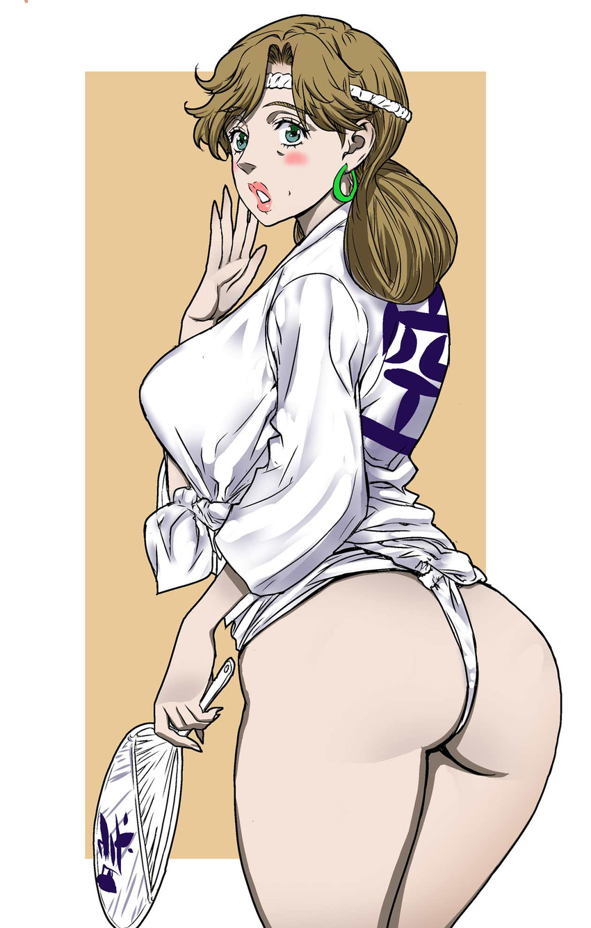 blush breasts brown_hair fan fundoshi green_eyes highres japanese_clothes kanji large_breasts leopard_(artist) lips lipstick long_hair looking_at_viewer looking_to_the_side makeup mature paper_fan shirt simple_background solo tied_shirt uchiwa yamakasa