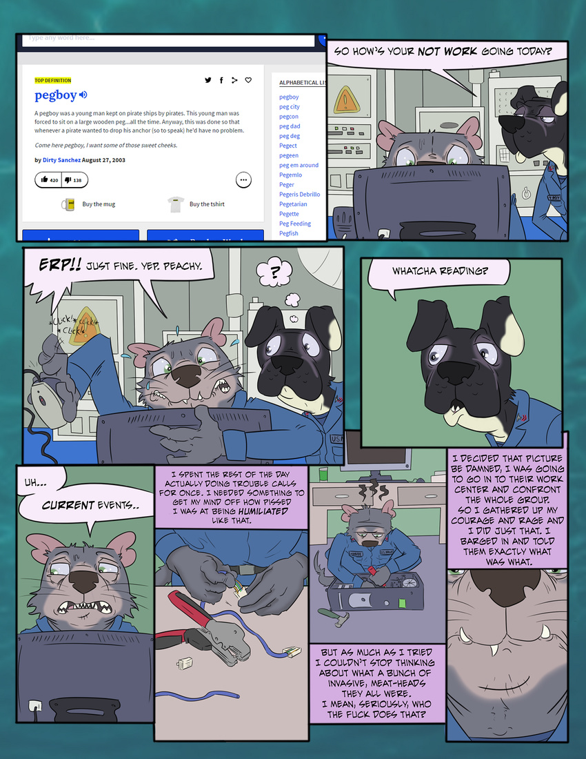 annoyed anthro brokowski canine caught clothed clothing comic computer dialogue dog embarrassed english_text flat_colors fully_clothed inside looking_away male mammal marsupial military plantigrade seaman_hardy speech_bubble tasmanian_devil text uniform whiskers