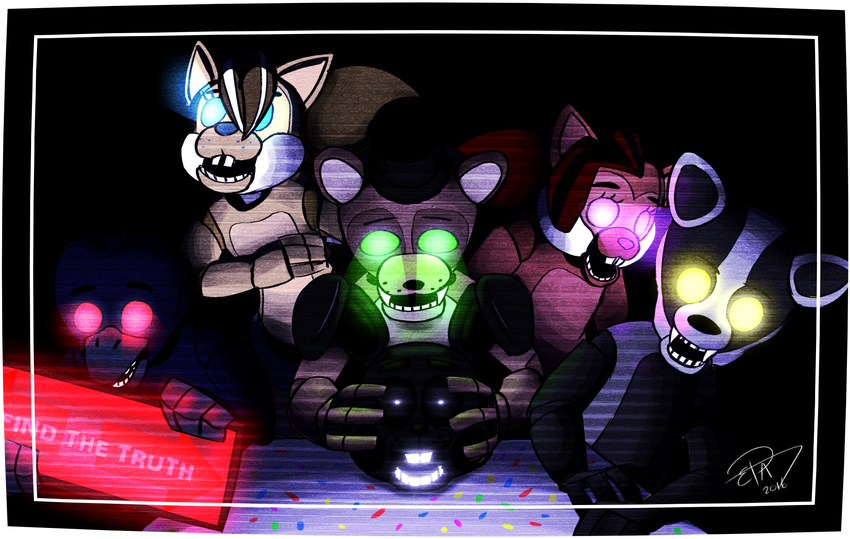 2016 animatronic anthro avian badger bird black_the_badger blackrabbit buckteeth corvid crow dark disembodied_head english_text fangs female glowing glowing_eyes group lagomorph machine male mammal mustelid open_mouth popgoes popgoes_the_weasel rabbit robot rodent saffron_the_squirrel sara_the_squirrel sign squirrel stone_the_crow teeth text thestupidbutterfly weasel