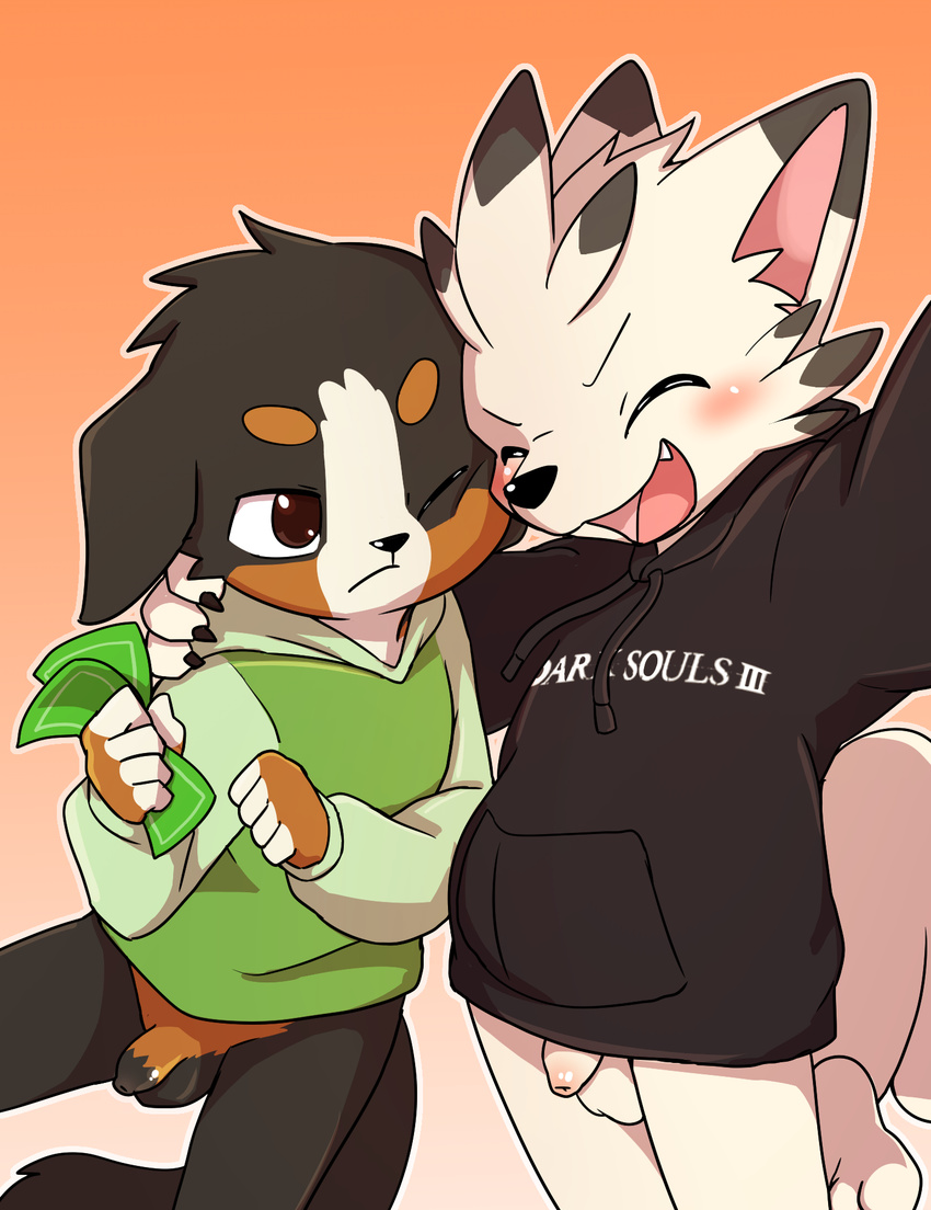 :| anthro avian balls bernese_mountain_dog blush bottomless canine clothed clothing cub cute_fangs dog duo english_text excited finn_ayers flaccid front_view hoodie hybrid male male/male mammal manizu manmosu_marimo money one_eye_closed penis selfie smile text uncut young