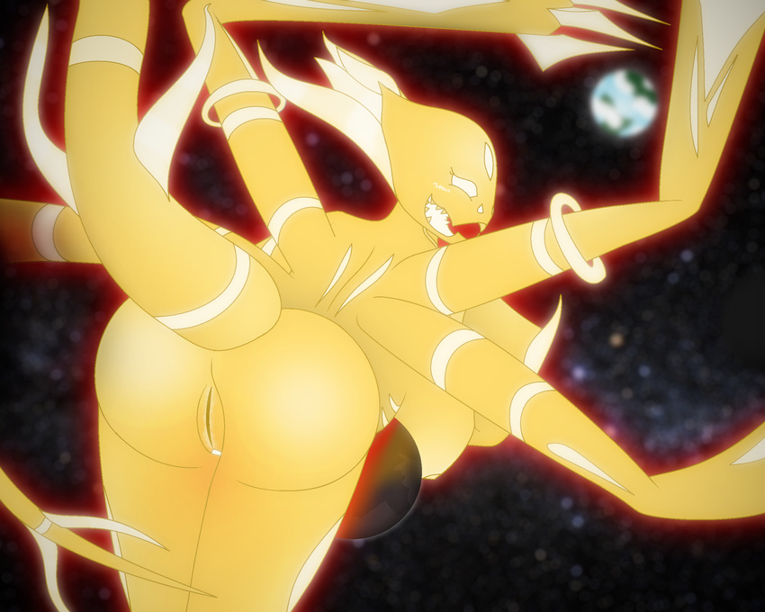 3_eyes accelca alien bent_over big_breasts breasts butt female glowing hypernova multi_arm multi_eye multi_limb not_furry orange_body pussy solo space star stellen thick_thighs