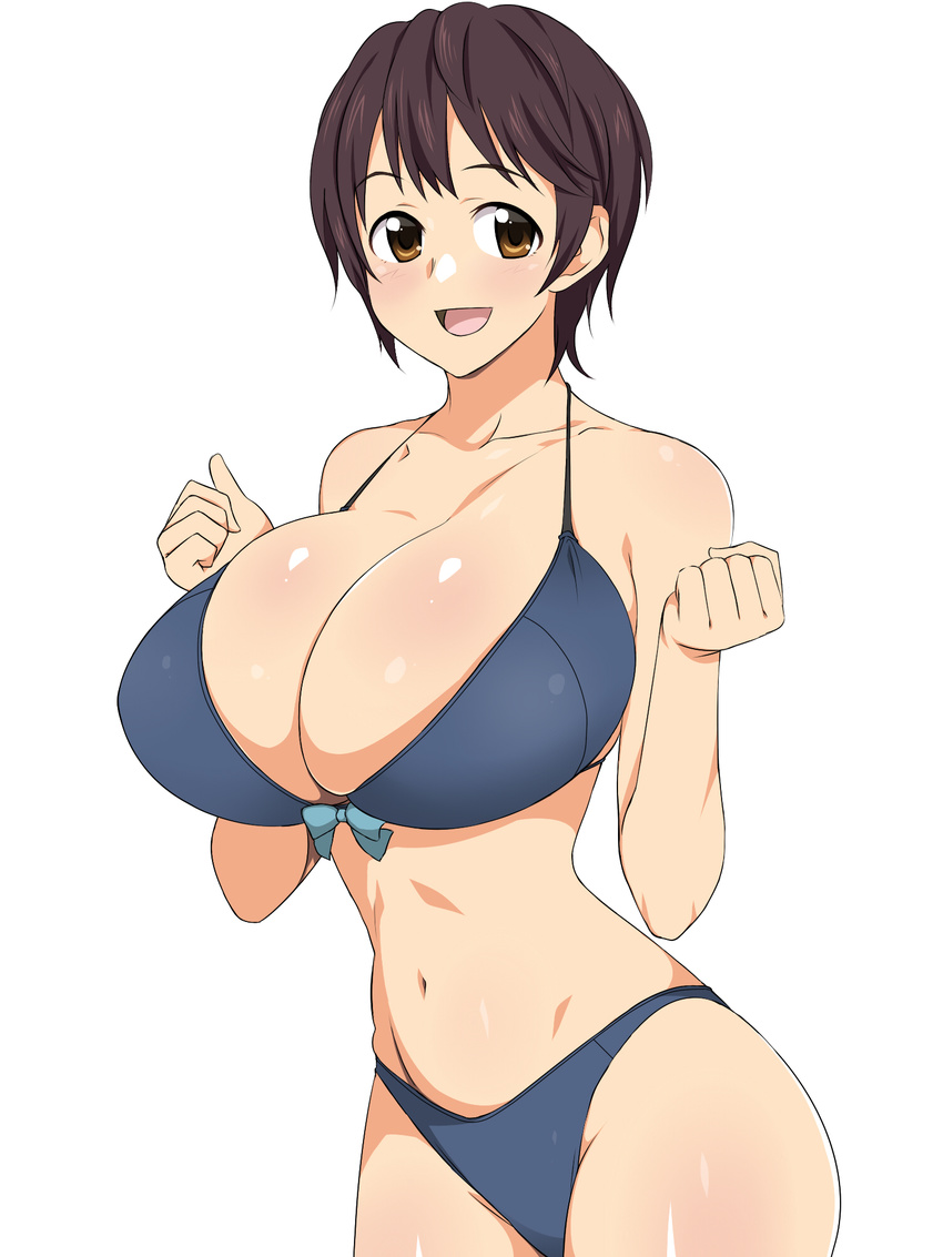 :d bare_shoulders bikini blue_bikini breasts brown_eyes brown_hair cleavage collarbone highres huge_breasts idolmaster idolmaster_cinderella_girls kagemusha looking_at_viewer navel oikawa_shizuku open_mouth simple_background smile solo swimsuit thighs white_background