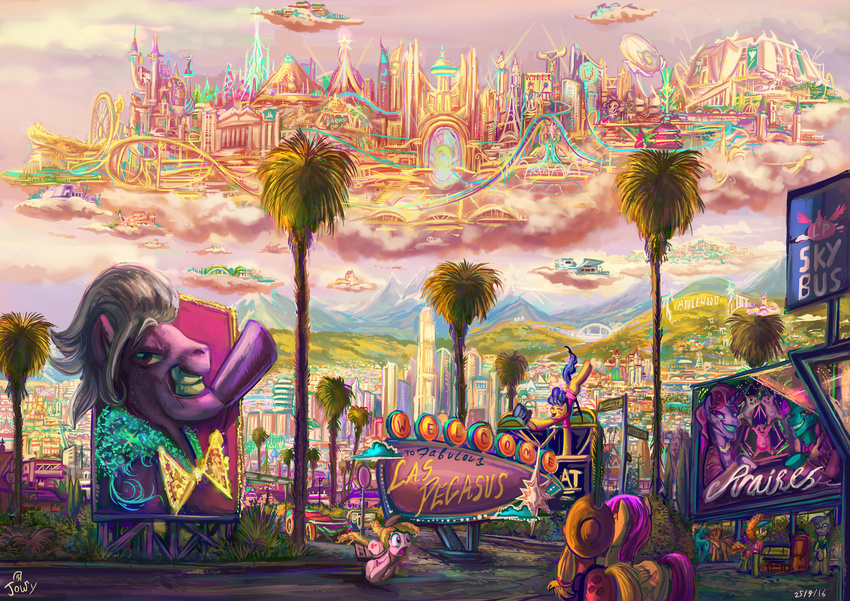 absurd_res applejack_(mlp) blonde_hair blue_hair city cutie_mark day detailed_background english_text equine female feral fluttershy_(mlp) friendship_is_magic gladmane_(mlp) hair hat hi_res jowybean male mammal my_little_pony outside pegasus pink_hair sky smile standing text wings