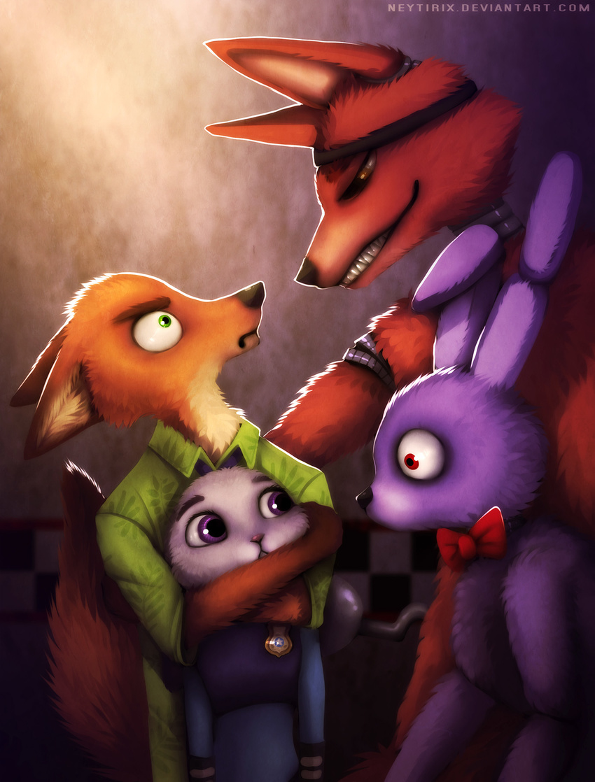 anthro black_nose canine clothed clothing disney female fox fur green_eyes grey_fur judy_hopps lagomorph machine male mammal neytirix nick_wilde orange_fur purple_eyes purple_fur rabbit robot standing teeth zootopia