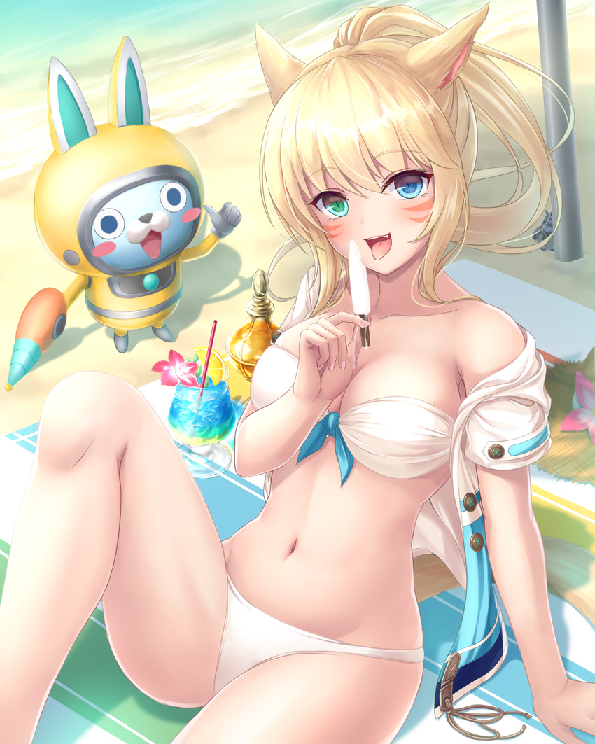 :d animal_ears bare_shoulders beach beach_towel bikini blonde_hair blue_eyes blue_hawaii blush blush_stickers breasts brown_hat cat_ears cat_tail cocktail_glass collarbone creature crossover cup drinking_glass drinking_straw eyebrows eyebrows_visible_through_hair facial_mark final_fantasy final_fantasy_xiv food front-tie_bikini front-tie_top fruit green_eyes hat hat_removed headwear_removed heterochromia highres holding holding_food knee_up lemon lemon_slice long_hair looking_at_viewer medium_breasts miqo'te mutsuba_fumi navel off_shoulder open_clothes open_mouth open_shirt orchid outdoors pole revision sand shadow shirt shore short_sleeves smile stomach strapless strapless_bikini straw_hat swimsuit tail thumbs_up towel tropical_drink unbuttoned unbuttoned_shirt usapyon wat youkai_watch