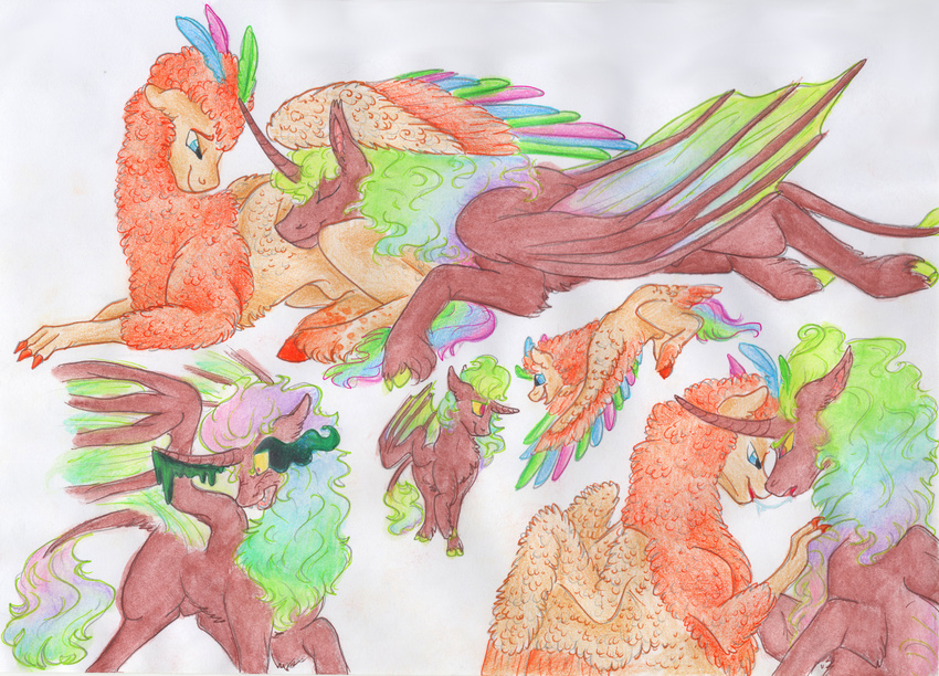 absurd_res blue_eyes brown_fur dawn22eagle eye_contact feathered_wings feathers female feral fur hair hi_res hooves horn hybrid male mammal membranous_wings multicolored_hair nude orange_feathers orange_fur simple_background smile white_background wings