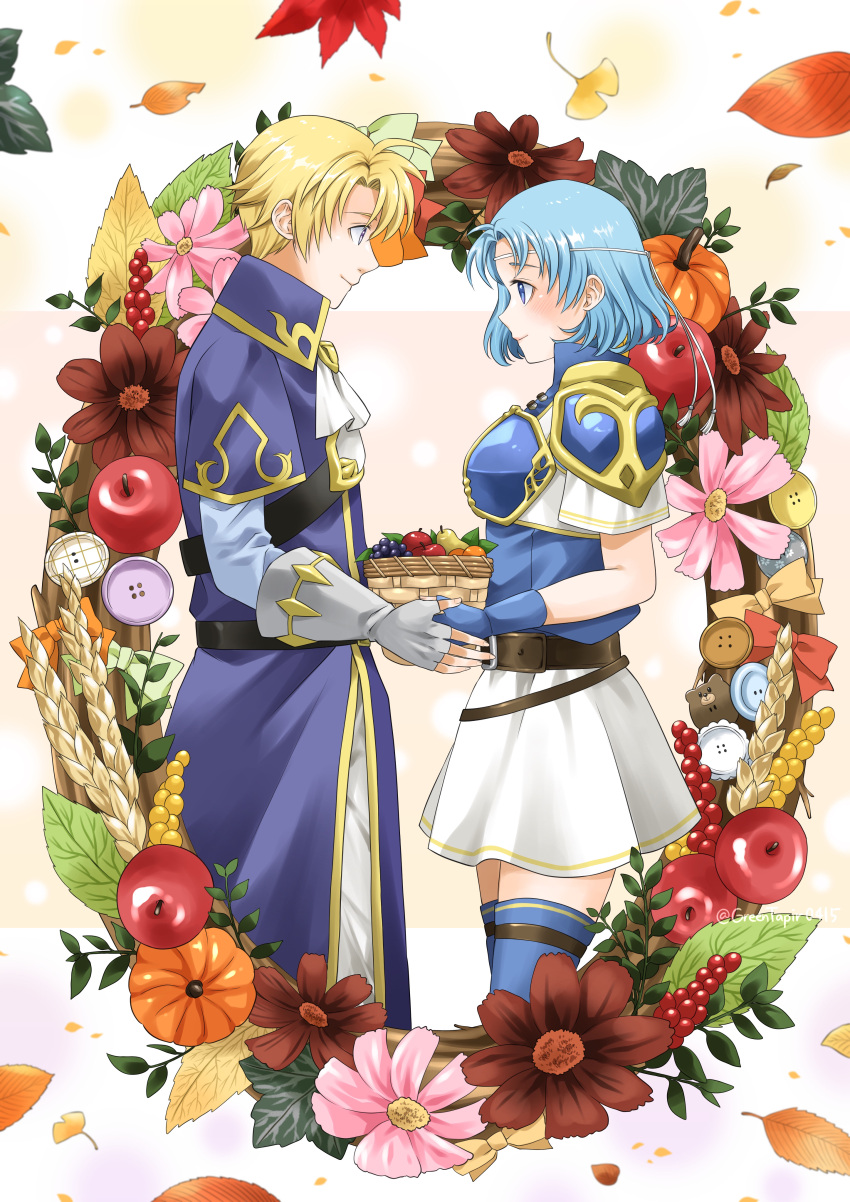 1boy 1girl absurdres apple armor ascot autumn_leaves belt blonde_hair blue_gloves blue_hair breastplate circlet closed_mouth commentary_request fingerless_gloves fire_emblem fire_emblem:_the_binding_blade food fruit fruit_basket gloves gold_trim highres klein_(fire_emblem) midori_no_baku short_hair shoulder_armor thea_(fire_emblem) white_ascot white_gloves