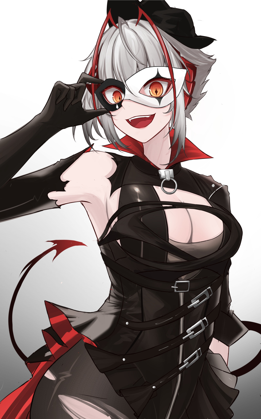 +_+ 1girl :d absurdres ahoge ambience_synesthesia antenna_hair arknights bare_shoulders black_dress black_gloves black_headwear black_mask black_pantyhose black_tail breasts buckle chest_strap cleavage cleavage_cutout clothing_cutout commentary cowboy_shot demon_girl demon_horns demon_tail domino_mask dress dyed_ahoge elbow_gloves eyelashes fang fishnet_pantyhose fishnets full-length_zipper gloves gradient_background grey_background grey_hair hand_up happy hat high-waist_dress high-waist_sideboob high_collar highres holding holding_mask horns large_breasts long_sleeves looking_at_viewer mask myb52 o-ring open_mouth orange_eyes pantyhose pleated_dress popped_collar red_horns short_dress short_hair sideboob single_bare_shoulder single_elbow_glove single_sleeve smile solo standing strap tail teeth tongue torn_clothes torn_dress torn_gloves torn_pantyhose two-sided_dress two-sided_fabric upper_teeth_only w_(arknights) white_background white_mask zipper