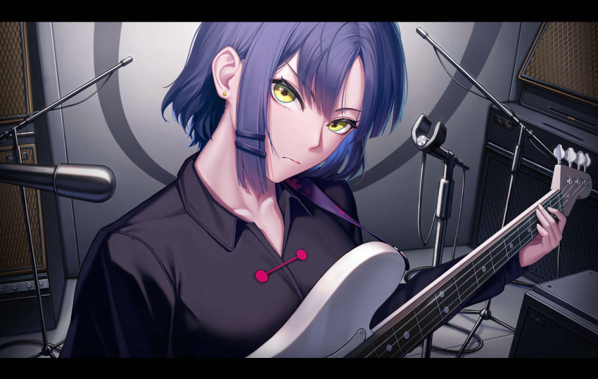 1girl 3v_ju absurdres blue_hair blue_skirt bocchi_the_rock! closed_mouth cowboy_shot electric_guitar expressionless guitar highres holding holding_instrument instrument long_sleeves microphone_stand shirt short_hair skirt solo upper_body yamada_ryo yellow_eyes