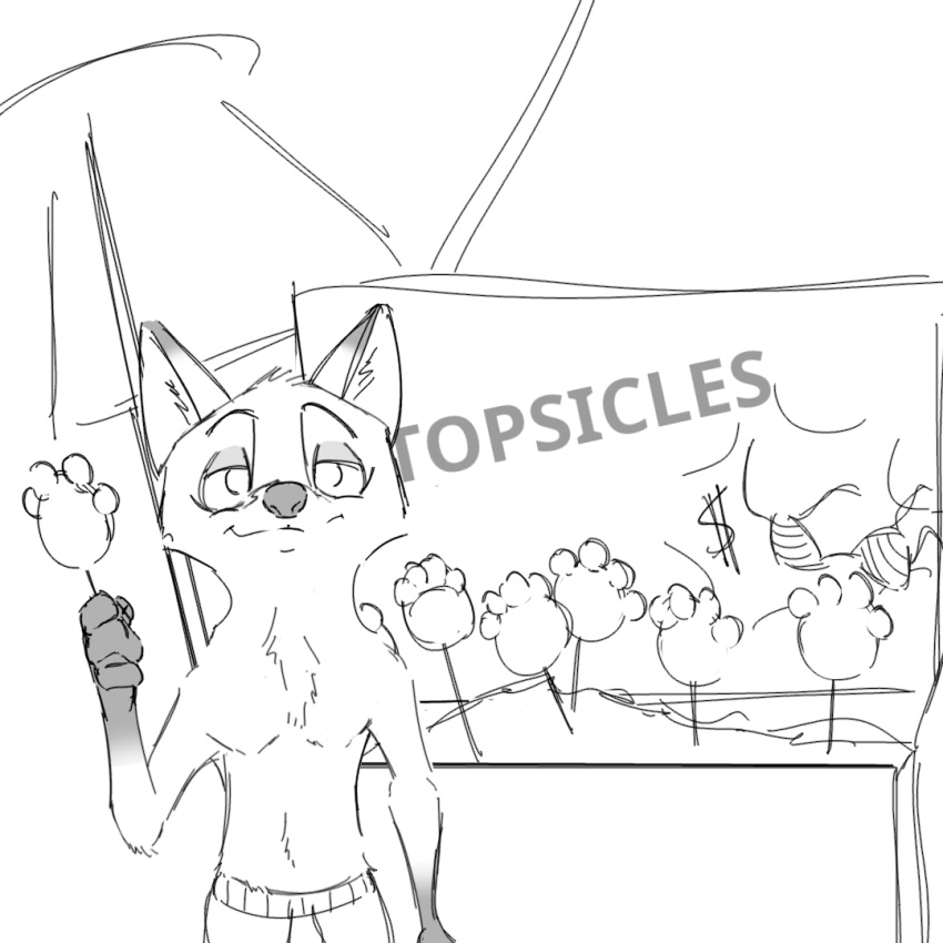 1:1 2023 anthro canid canine clothed clothing currency_symbol digital_drawing_(artwork) digital_media_(artwork) disney dollar_sign english_text food fox gloves_(marking) holding_food holding_object male mammal markings nick_wilde pawpsicle popsicle red_fox simple_background solo swimming_trunks swimwear symbol text thermite topless topless_male umbrella zootopia