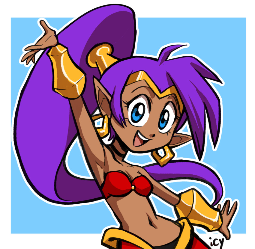 absurd_res blue_eyes breasts brown_body brown_skin clothing ear_piercing ear_ring female genie hair hi_res humanoid humanoid_pointy_ears iseenudepeople long_hair navel not_furry open_mouth open_smile piercing ponytail pose purple_hair ring_piercing shantae shantae_(series) signature smile solo teeth wayforward