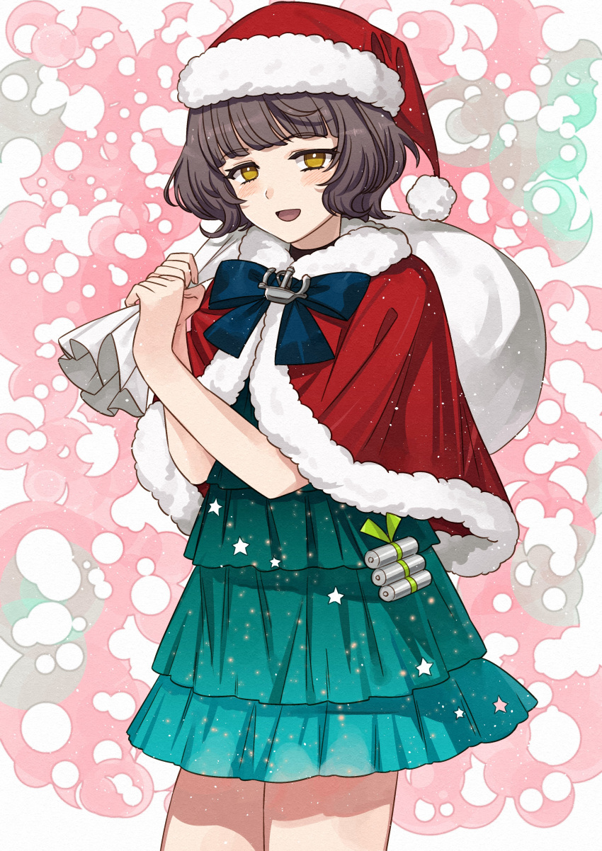 1girl absurdres black_hair blush capelet cowboy_shot dress green_dress hat highres holding holding_sack kanmiya_shinobu kantai_collection kishinami_(kancolle) official_alternate_costume open_mouth pom_pom_(clothes) red_capelet red_headwear sack santa_hat short_hair smile solo yellow_eyes