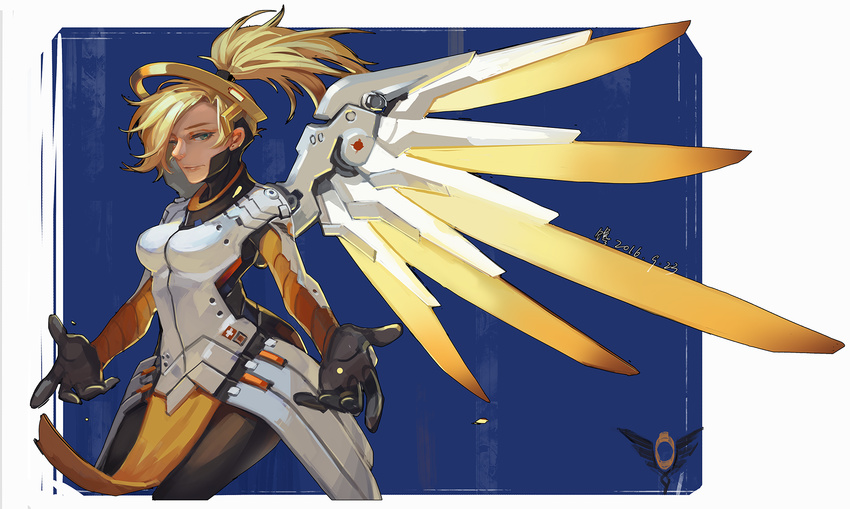 2016 armor artist_name black_gloves blonde_hair blue_eyes bodysuit breastplate breasts brown_legwear chan_shi closed_mouth cowboy_shot dated earrings faulds gloves headgear high_collar highres jewelry lips loincloth long_hair long_sleeves mechanical_halo mechanical_wings medium_breasts mercy_(overwatch) outstretched_arms overwatch pantyhose pelvic_curtain pink_lips ponytail signature skin_tight solo spread_wings stud_earrings swiss_flag turtleneck wing_print wings yellow_wings