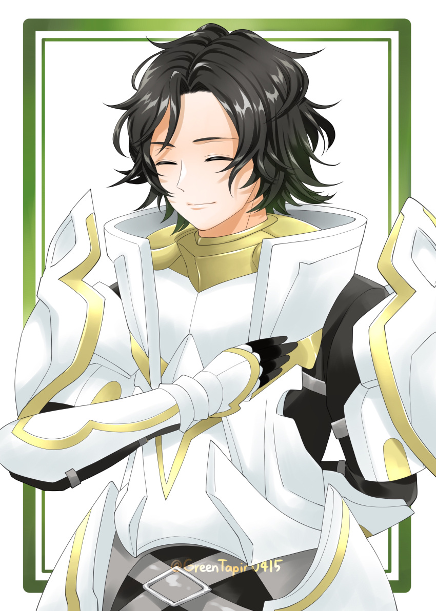 1boy absurdres arm_behind_back armor artist_name black_hair border closed_eyes closed_mouth commentary_request fire_emblem fire_emblem_engage green_border highres louis_(fire_emblem) male_focus midori_no_baku partial_commentary short_hair solo upper_body white_armor white_background