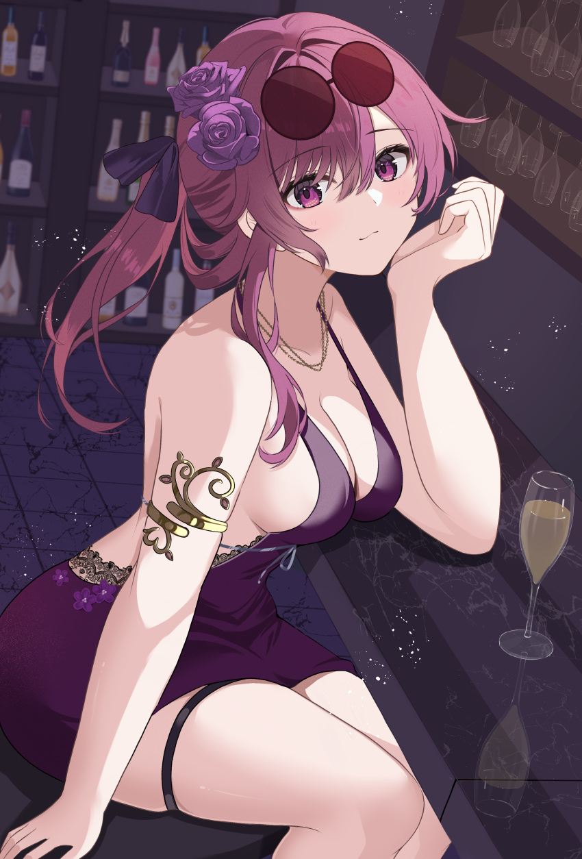 1girl absurdres arm_support armlet breasts cup dress drinking_glass eyewear_on_head flower hair_flower hair_ornament highres honkai:_star_rail honkai_(series) kafka_(honkai:_star_rail) long_hair looking_at_viewer medium_breasts purple_dress purple_eyes purple_hair rererere_mon smile sunglasses thigh_strap