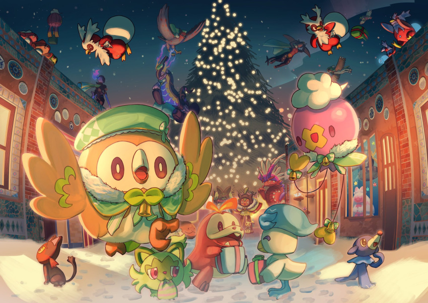 :d bell beret box bright_pupils brown_eyes building ceruledge christmas_tree commentary_request dartrix decidueye delibird drifblim drifloon fuecoco garchomp gift gift_box green_headwear hat highres iron_bundle koraidon litten meowscarada mimikyu miraidon mokukitusui night no_humans ogerpon open_mouth outdoors pokemon pokemon_(creature) popplio quaxly rowlet sky smile snow sprigatito tatsugiri tinkaton tongue white_pupils window