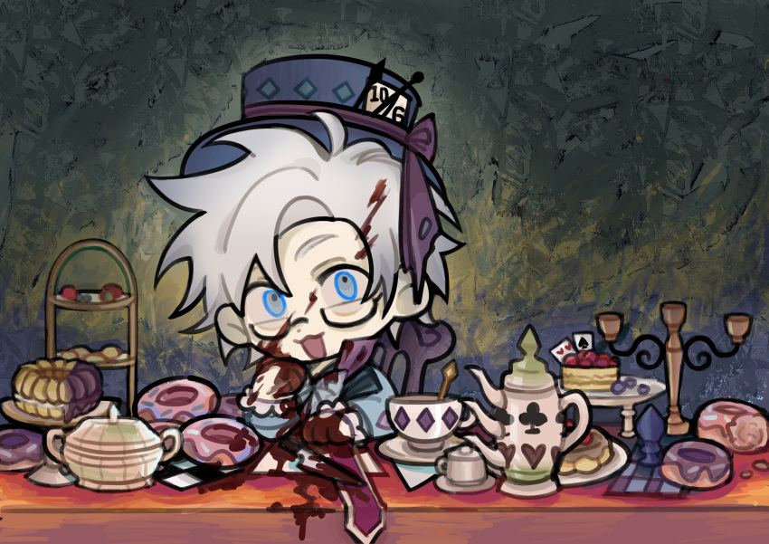 1boy :3 absurdres blood blood_in_hair blood_on_face blood_on_hands blood_on_knife blue_eyes blue_shirt card chibi chinese_commentary commentary_request cosplay cup danielle907 doughnut food highres kanou_aogu knife long_sleeves mad_hatter_(alice_in_wonderland) mad_hatter_(alice_in_wonderland)_(cosplay) male_focus neck_ribbon open_mouth playing_card ribbon saibou_shinkyoku shirt solo white_hair white_ribbon