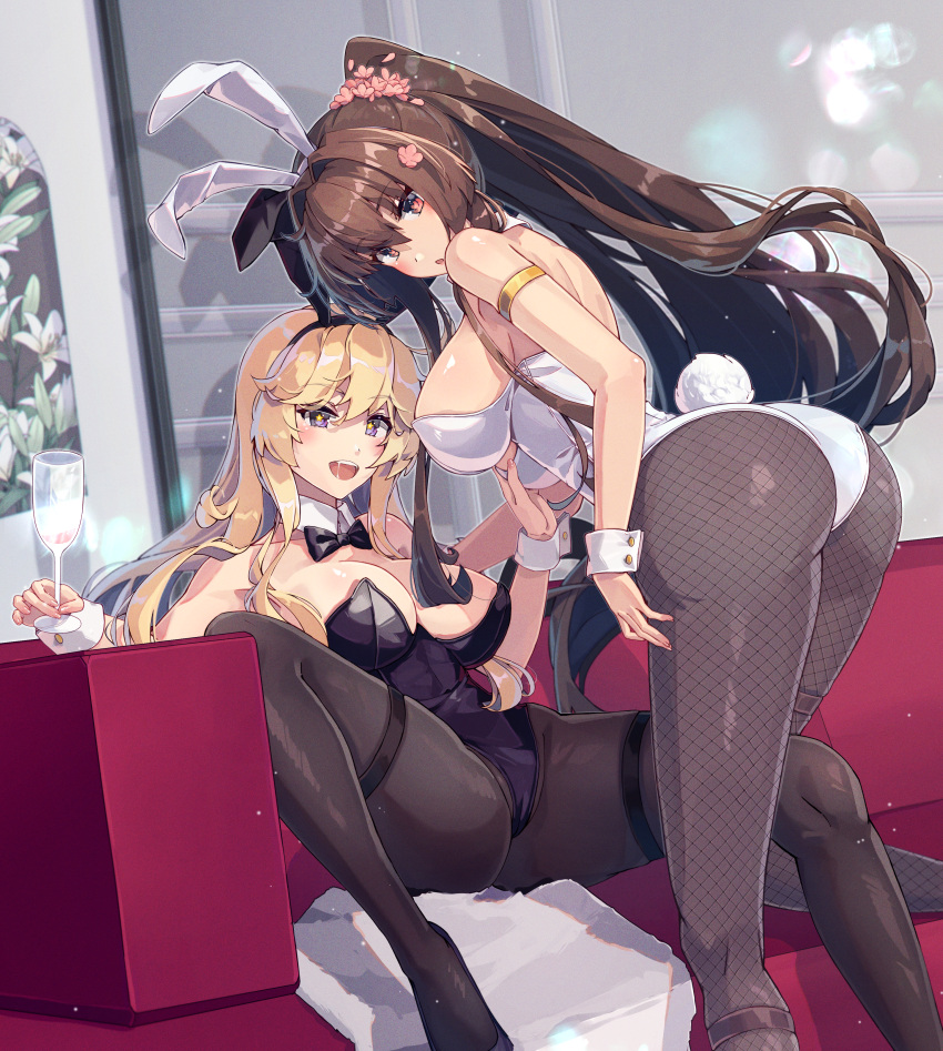 2girls absurdres alternate_costume animal_ears arm_garter ass black_bow black_bowtie black_hairband black_leotard black_pantyhose blonde_hair blue_eyes bow bowtie breasts brown_hair cherry_blossoms cocktail_glass commentary covered_navel cup detached_collar drinking_glass fake_animal_ears feet_out_of_frame fishnet_pantyhose fishnets flower foot_out_of_frame grabbing grabbing_another's_breast hair_flower hair_intakes hair_ornament hairband highleg highleg_leotard highres himeyamato holding holding_cup iowa_(kancolle) kantai_collection large_breasts legs leotard long_hair multiple_girls open_mouth pantyhose playboy_bunny ponytail rabbit_ears rabbit_tail red_eyes sidelocks sitting spread_legs standing star-shaped_pupils star_(symbol) strapless strapless_leotard symbol-shaped_pupils tail teeth thigh_strap traditional_bowtie upper_teeth_only very_long_hair white_hairband white_leotard wrist_cuffs yamato_(kancolle) yamato_kai_ni_(kancolle) yuri