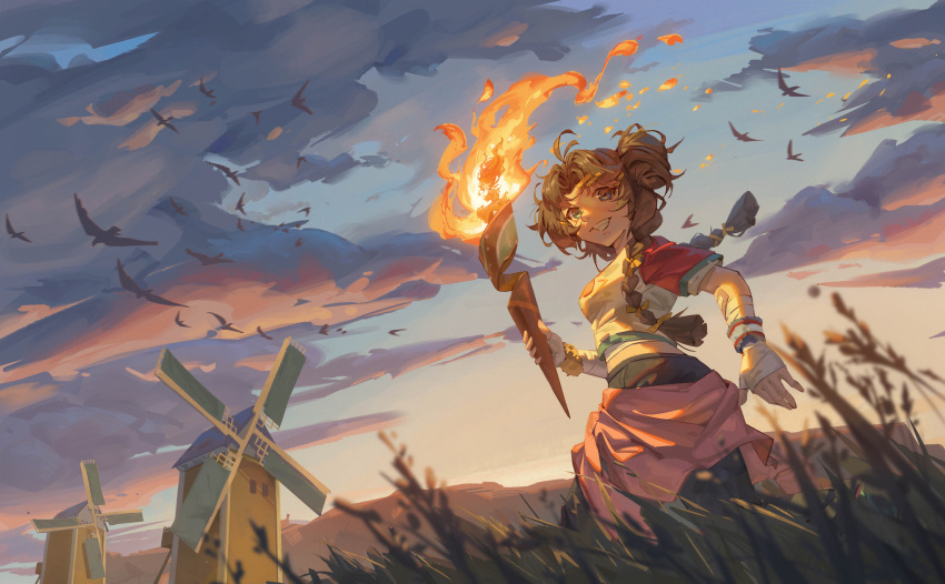 2girls absurdres bandaged_arm bandaged_hand bandages bird blue_eyes blue_pants blue_sky blue_wristband braid brown_hair clothes_around_waist cloud cowboy_shot double_bun dutch_angle elemental_(creature) fire fire_elemental gradient_sky grass grin hair_bun highres holding holding_torch looking_at_viewer low_twin_braids midriff mountain multiple_girls orange_sky outdoors pants parted_bangs reverse:1999 shirt sky smile spathodea_(reverse:1999) t-shirt teeth torch twilight twin_braids ulu_(reverse:1999) white_shirt windmill zzzzzziyao