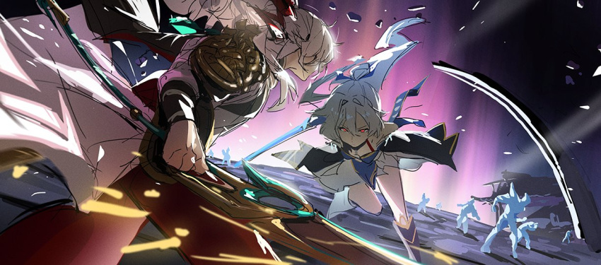 1boy 1girl arm_guards bare_shoulders black_gloves blue_sleeves crystal_sword daniel_deng detached_sleeves fighting fighting_stance gloves high_ponytail holding holding_sword holding_weapon honkai:_star_rail honkai_(series) jing_yuan jingliu_(honkai:_star_rail) long_hair pants polearm red_eyes red_pants sketch skirt sparks spear sword weapon white_hair white_skirt